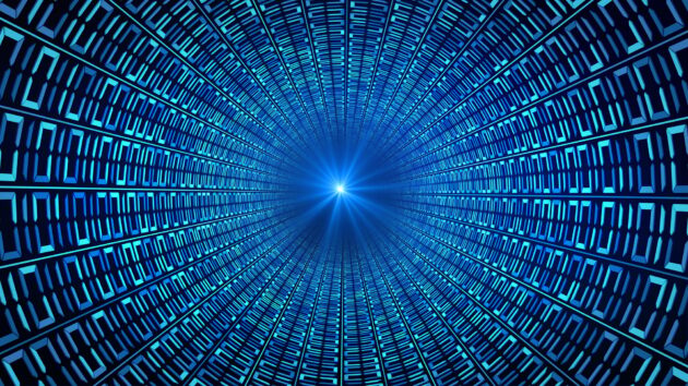 Binary code numbers in blue abstract speed motion in highway tunnel for technology background
